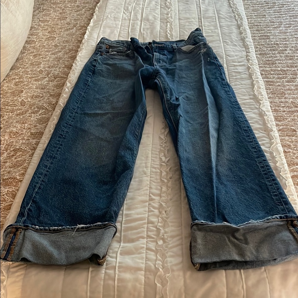 American Eagle Outfitters Blue Straight Leg Jeans with Contrast Stitching